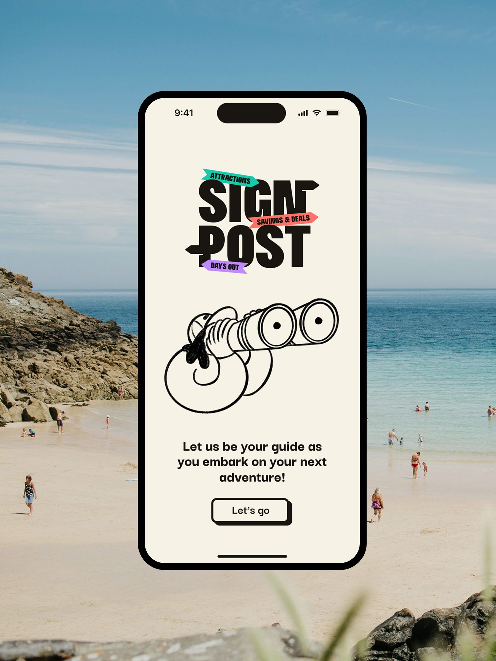 Signpost App on phone with a beach background